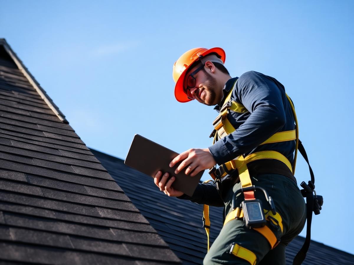 Certified inspector documenting roof condition
